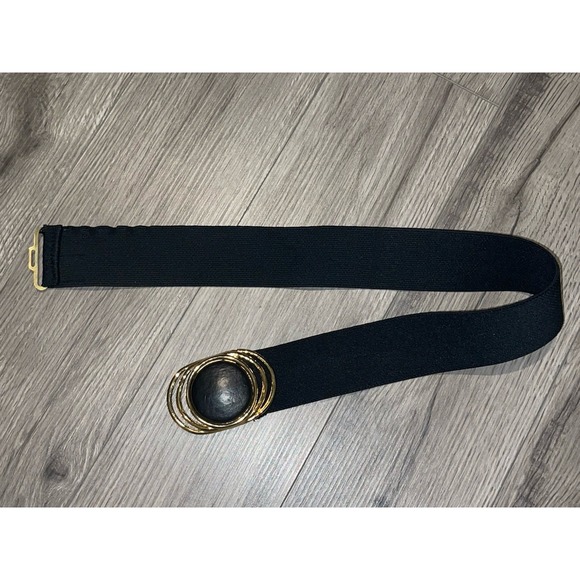 Vintage 80/90's Black Stretch Belt With Oval Faux Leather Buckle Gold Trim Y2K - Picture 3 of 12